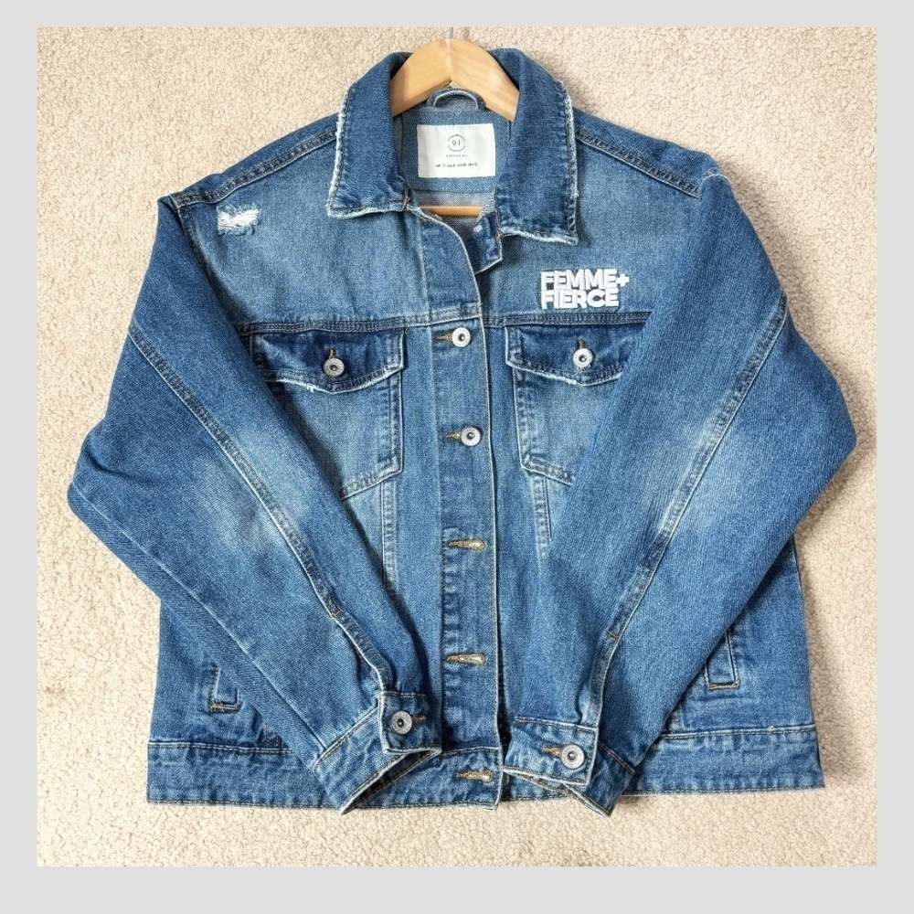 NEW Cotton On Denim Jacket Femme Fierce Graphic Worn In Statement Denim Jacket - Picture 4 of 15